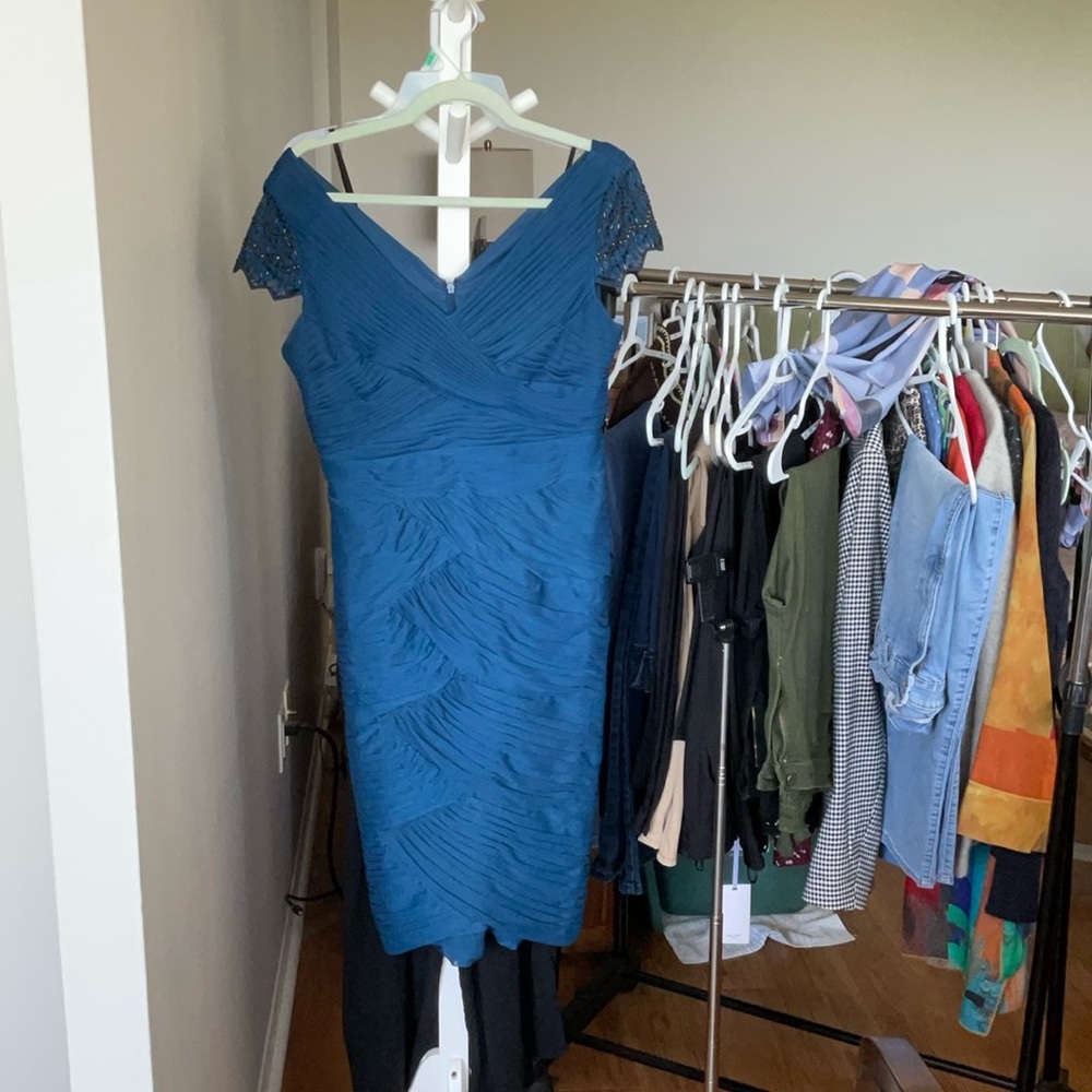 Vintage Adrianna Papell for Anthropologie Sz 14 Blue Ruch, Beaded Sleeve
